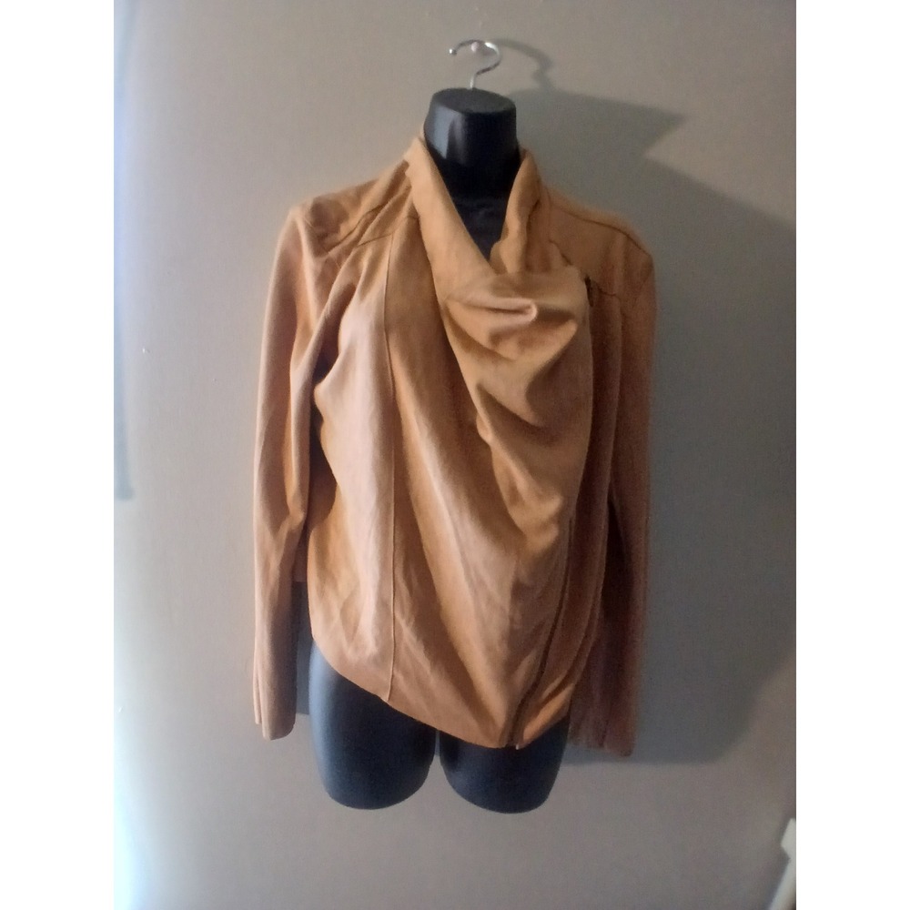 Mod Ref Tan Faux Suede Draped Asymmetrical Zip Front Jacket Womens Large - Picture 3 of 9